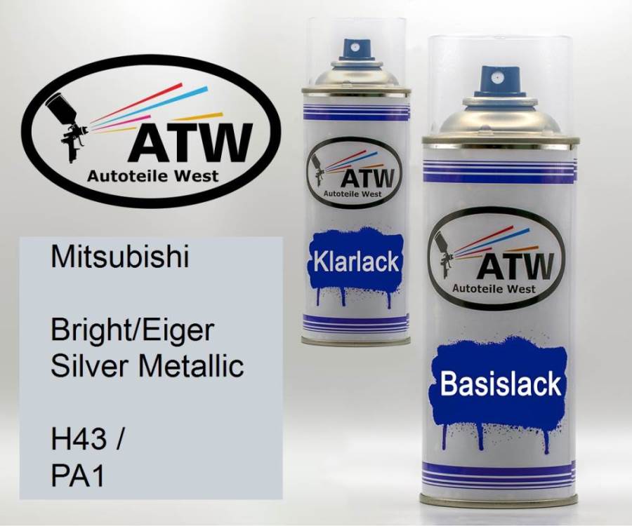 Mitsubishi, Bright/Eiger Silver Metallic, H43 / PA1: 400ml Sprühdose + 400ml Klarlack - Set, von ATW Autoteile West.